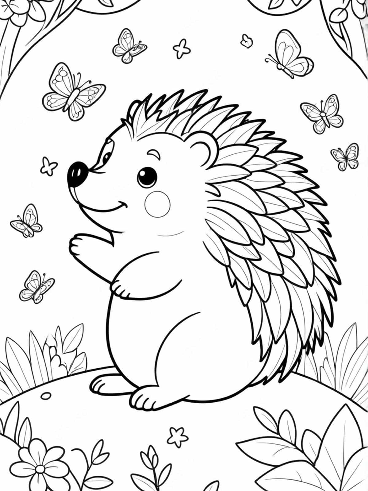 Hedgehog With Butterflies Fluttering Around Coloring Pages