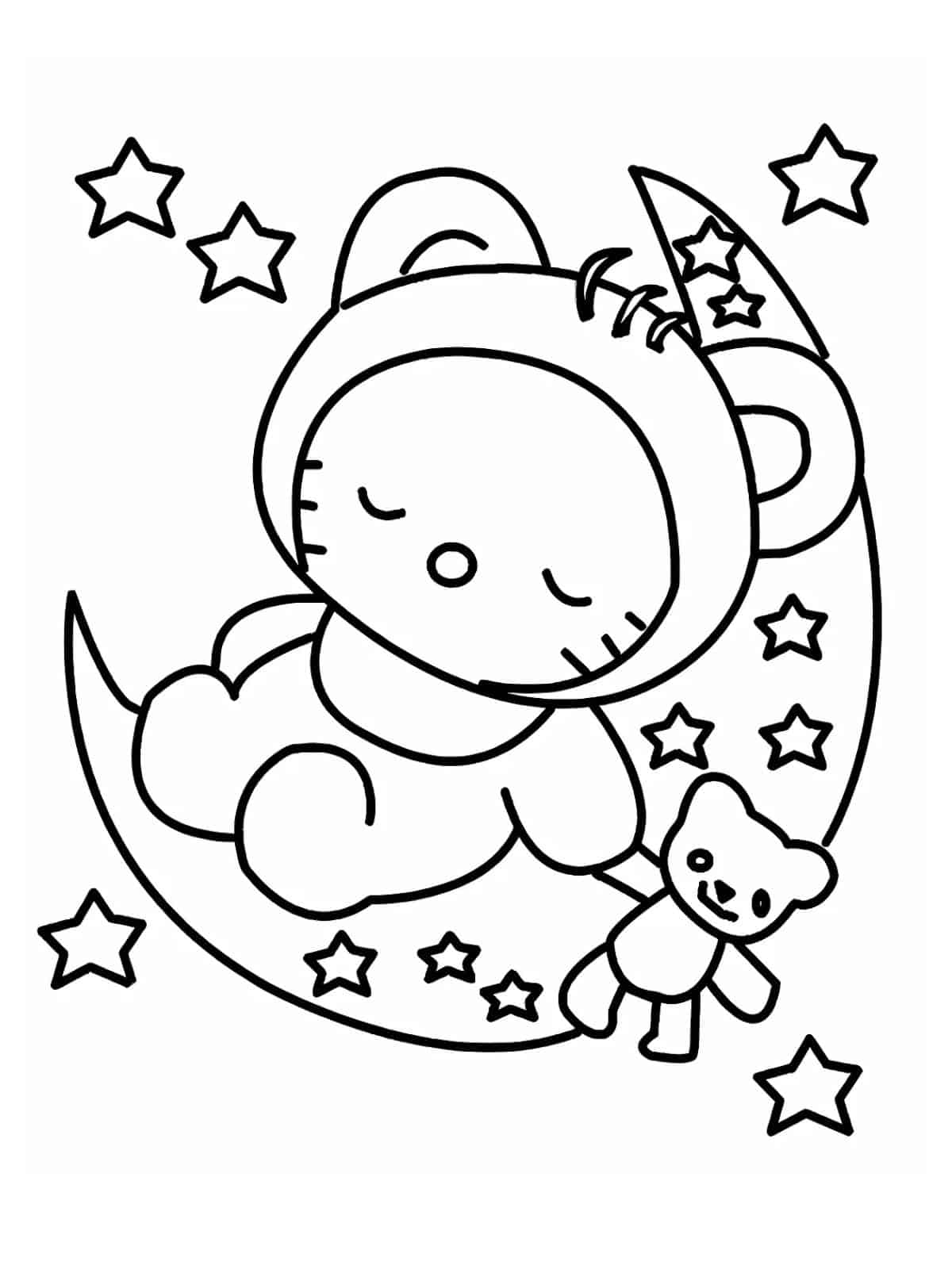 Hello Kitty With Star Moon Coloring Page