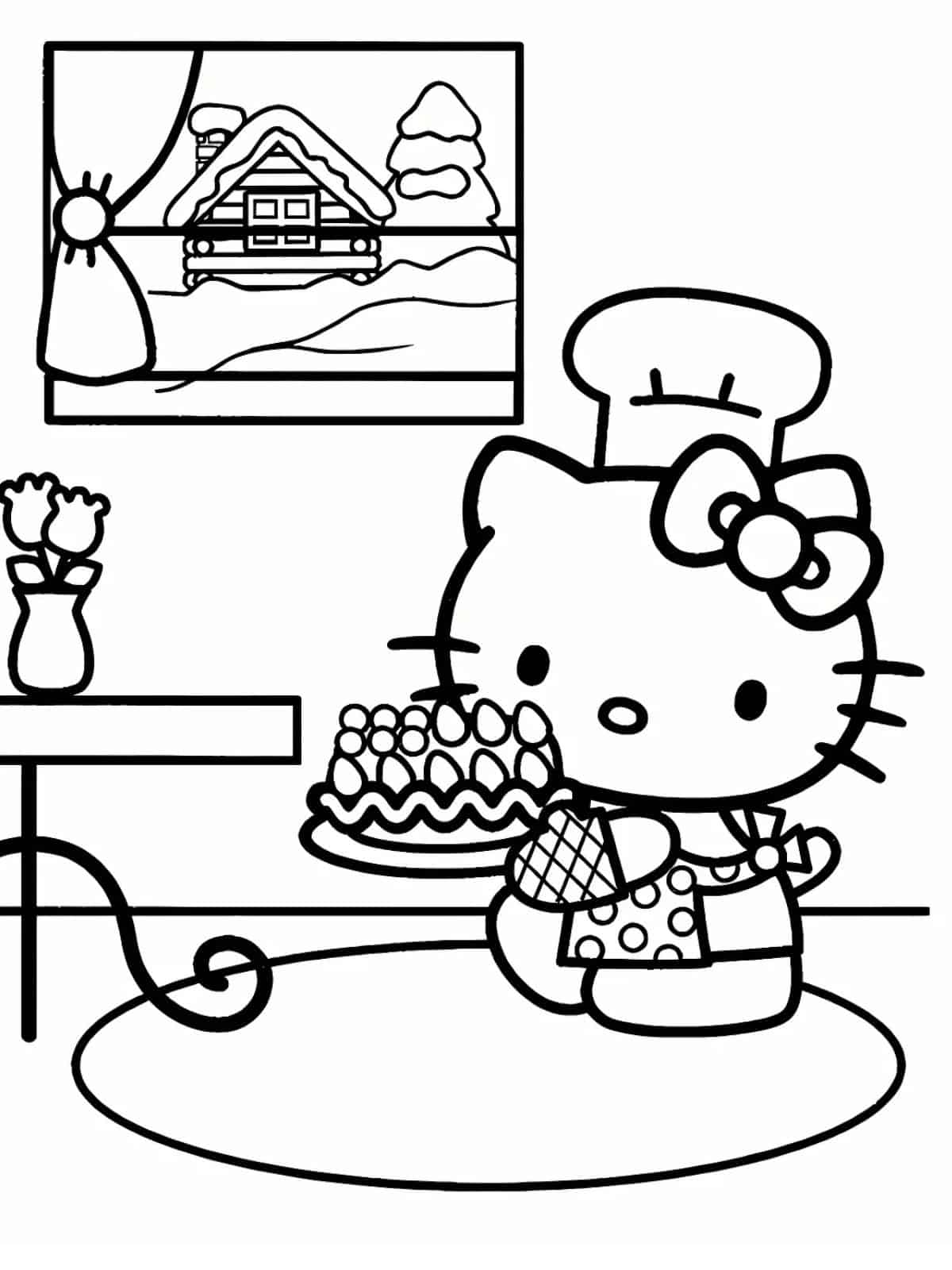 Hello Kitty With Strawberry Cake Coloring Page