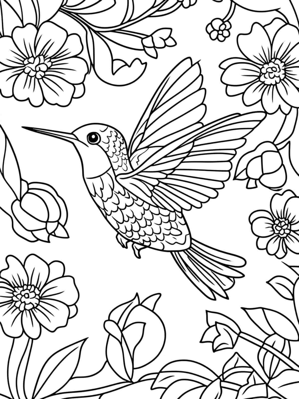 Hummingbird In A Flower Garden Coloring Pages