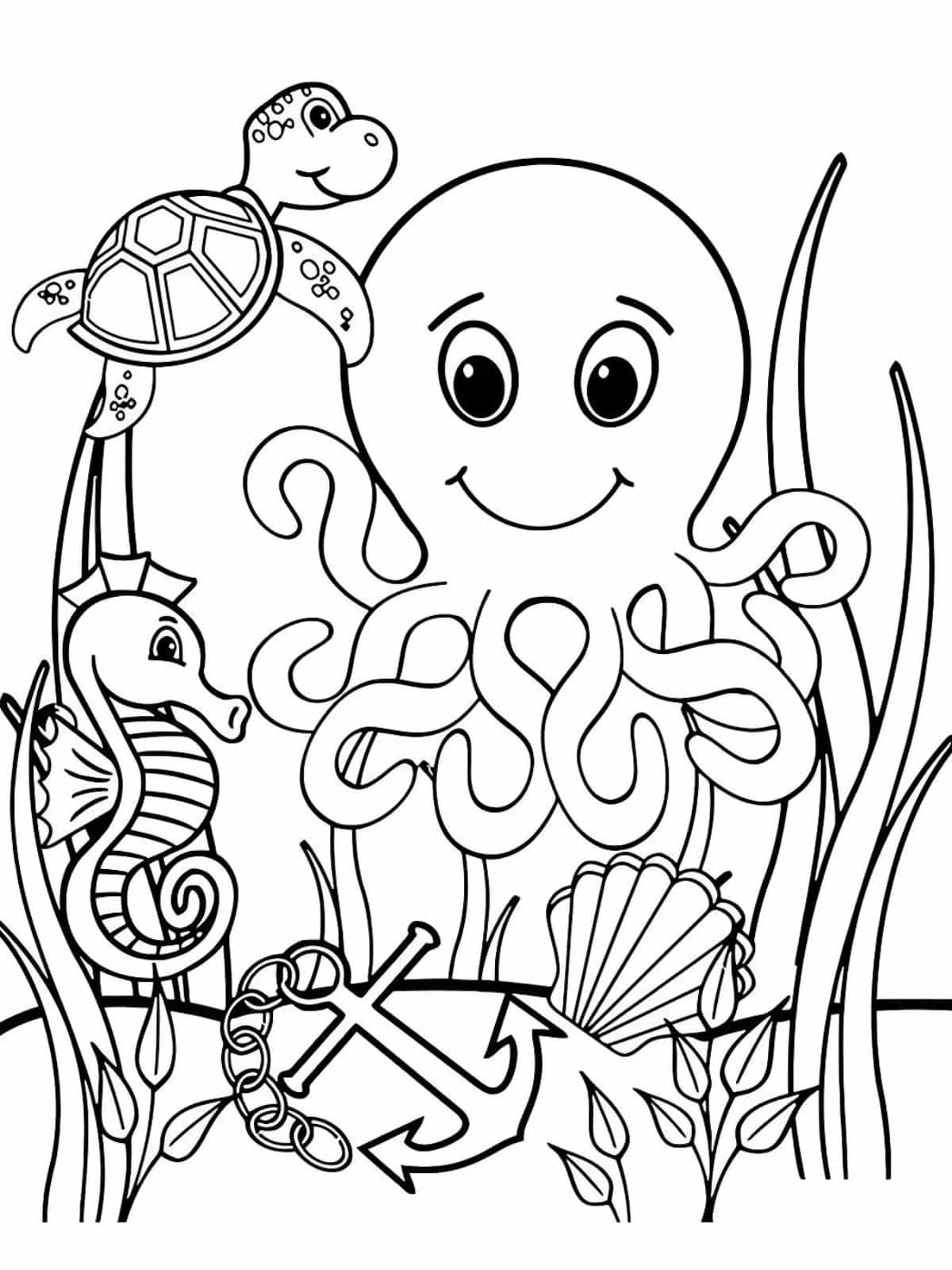 Joyful Seahorse And Octopus Coloring