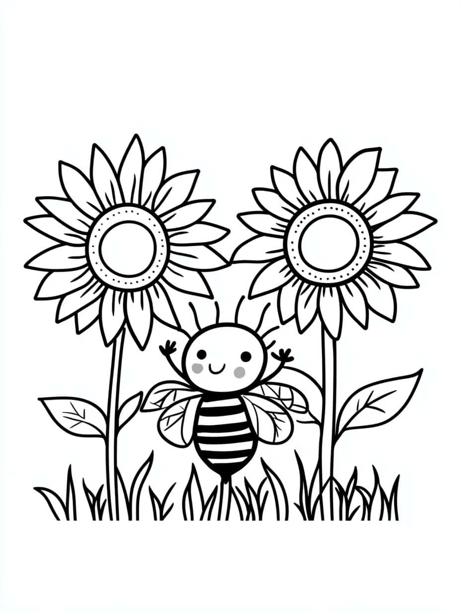 Kawaii Bee And Sunflowers Coloring Pages