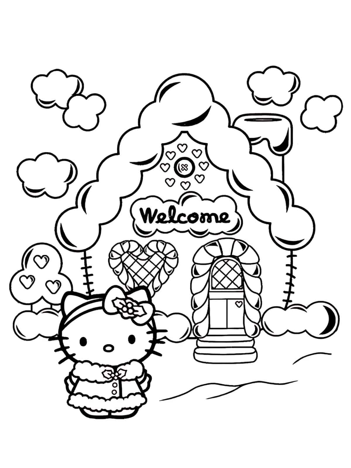 Kawaii Hello Kitty Candy House Coloring Pages