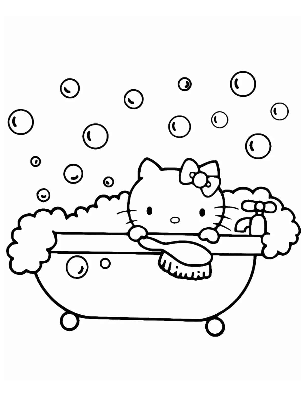 Kawaii Hello Kitty In Bathroom Coloring Pages