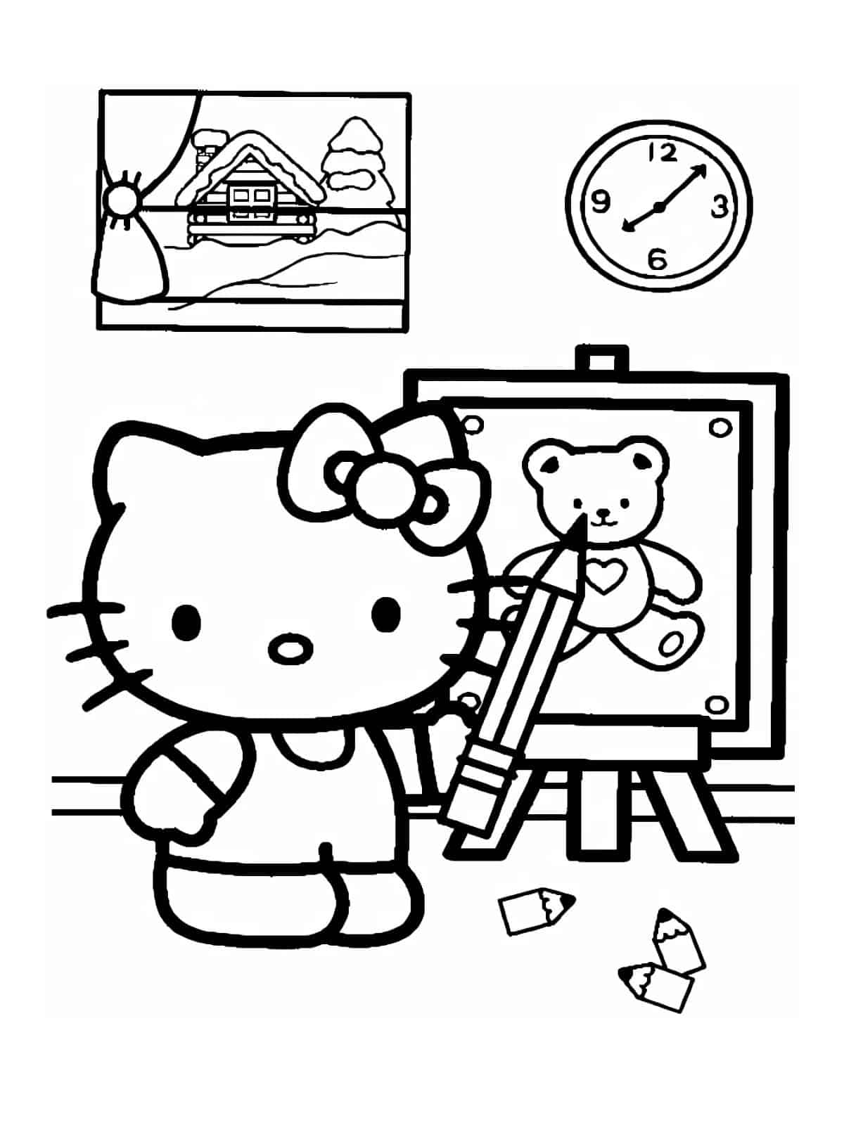 Kawaii Hello Kitty With Paiting Coloring Pages