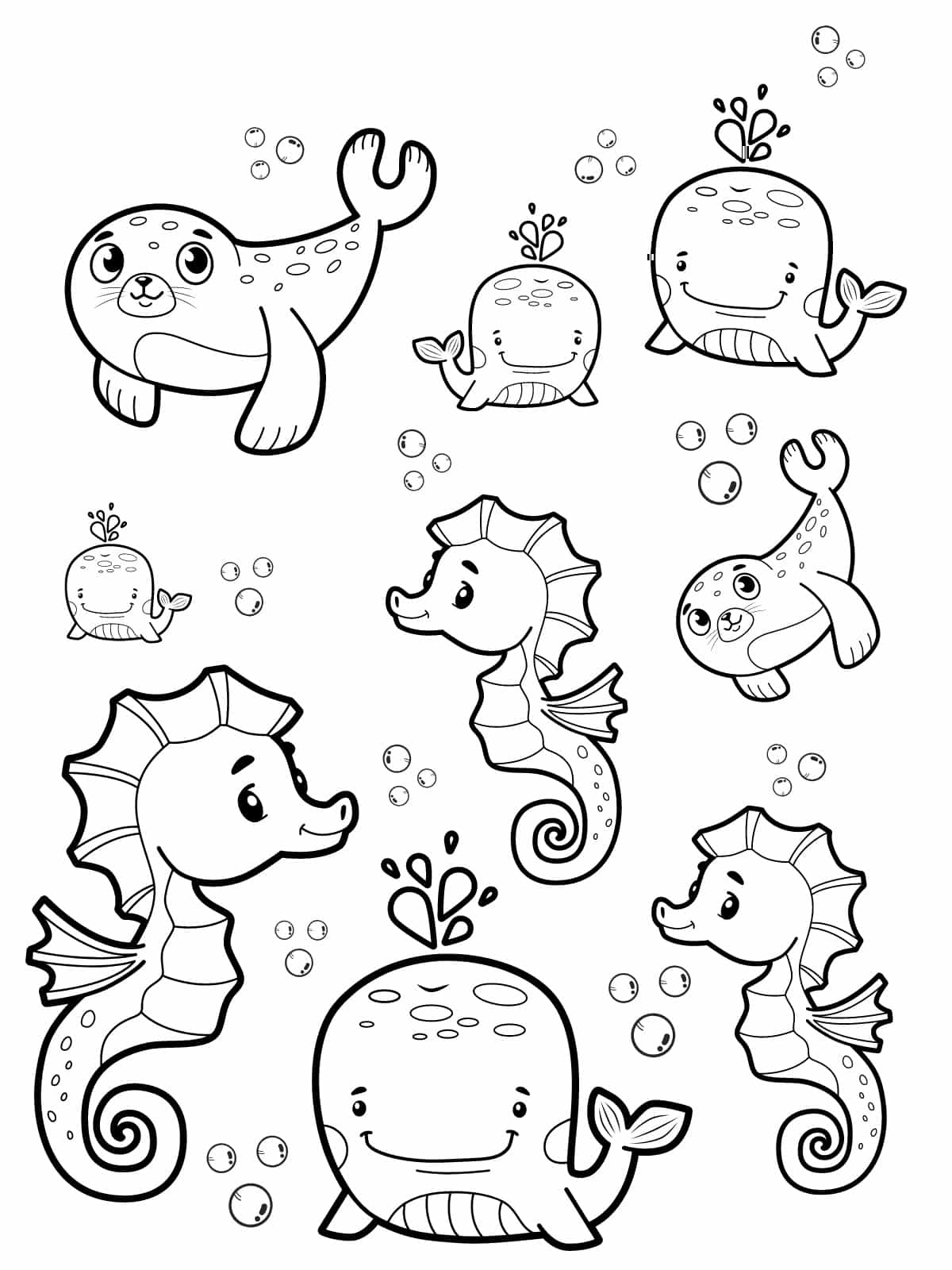 Kawaii Seahorse With Other Sea Animal Coloring Sheets