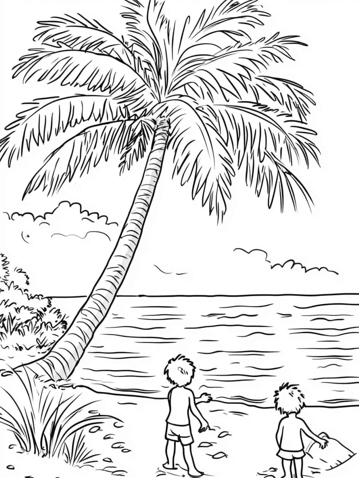 Kids Playing Near A Palm Tree Coloring Pages