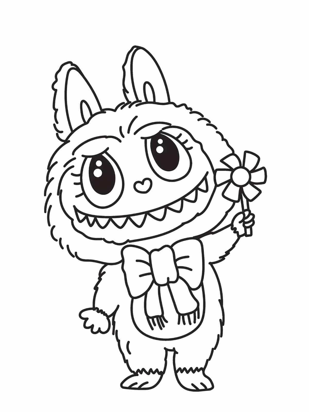 Labubu With Flower Coloring Pages For Kids