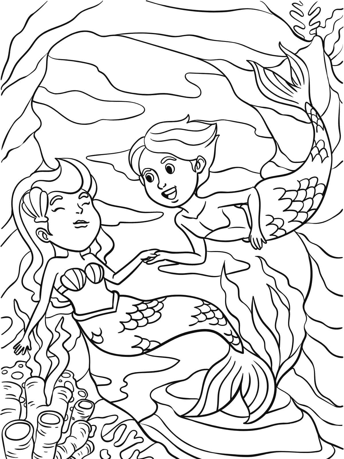 Mermaid In Coral Reef Coloring Pages