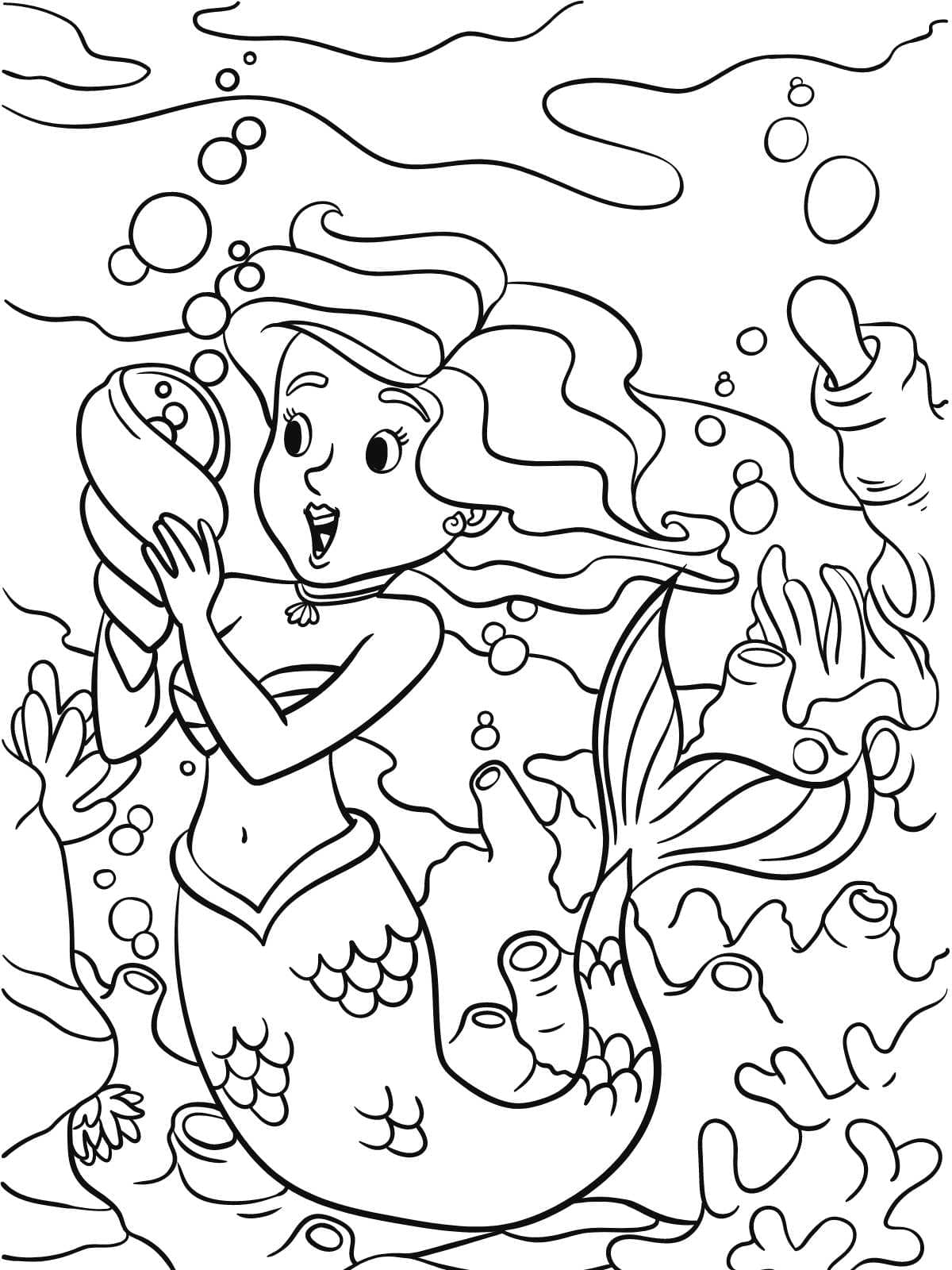 Mermaid In Ocean Coloring Page