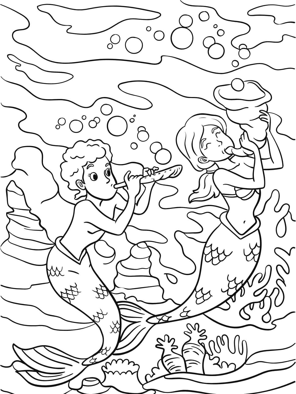 Mermaid In Underwater World Coloring Page