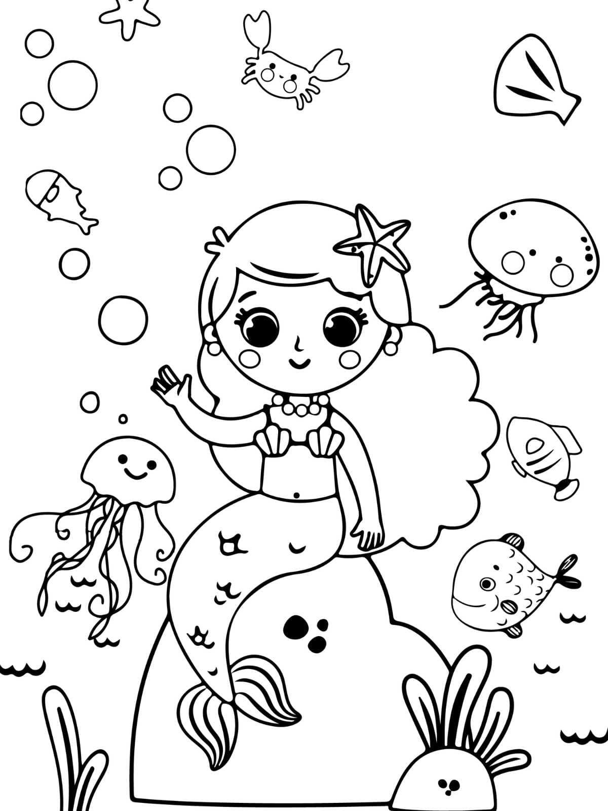 Mermaid With Crab Coloring Page