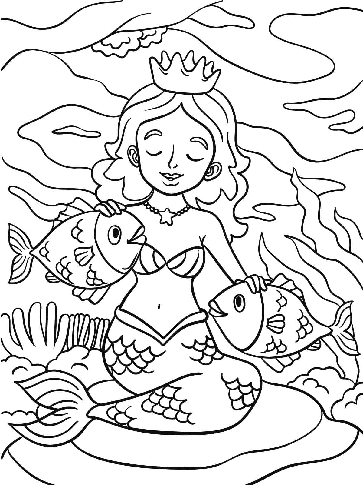 Mermaid With Fish Coloring Page For Kids