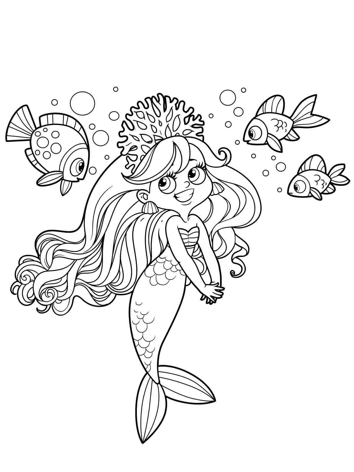 Mermaid With Fishes Coloring Page