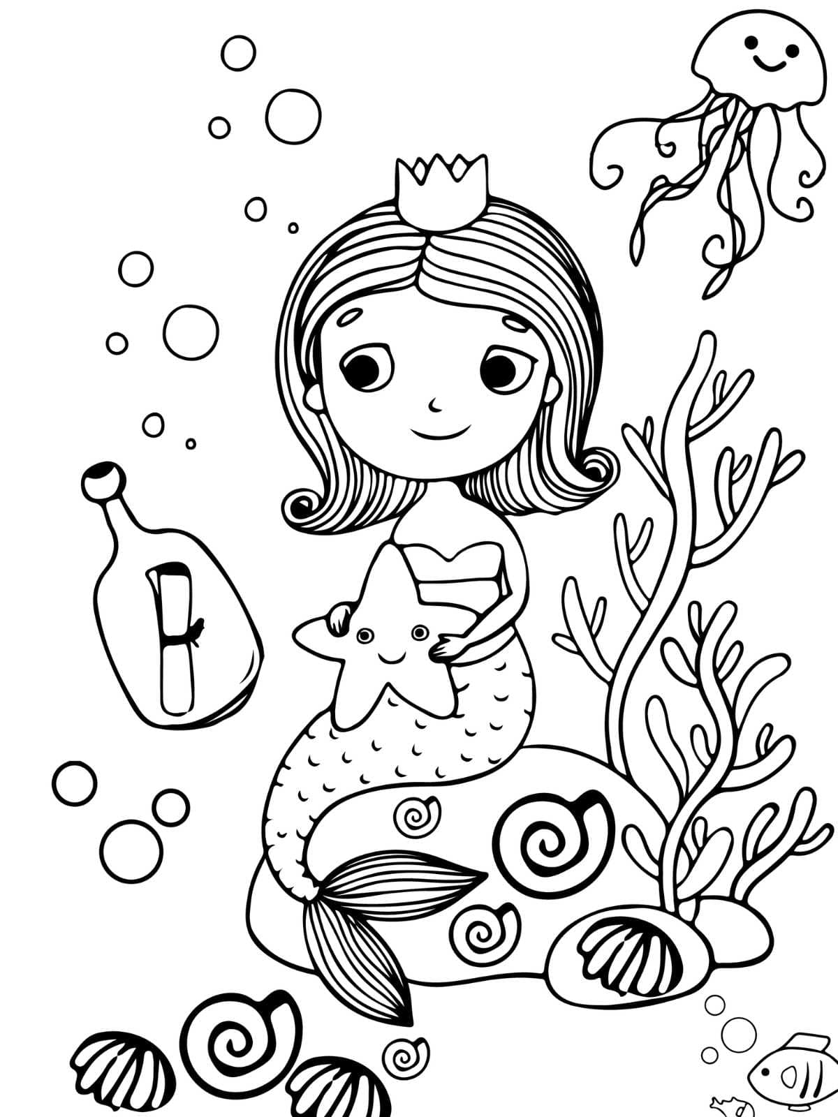 Mermaid With Jellyfish Coloring Page