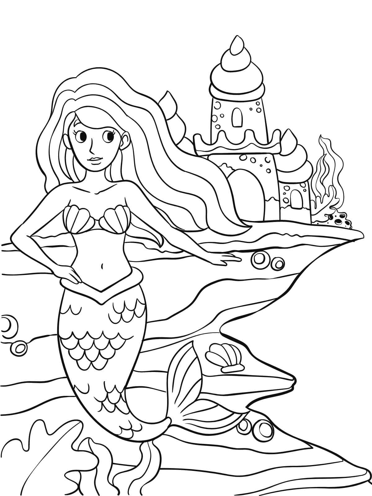 Mermaid With Long Hair Coloring Page