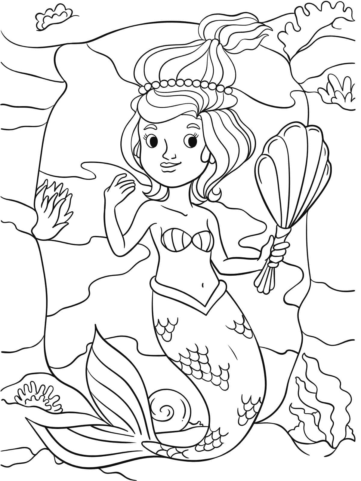 Mermaid With Sea Creature Coloring Page