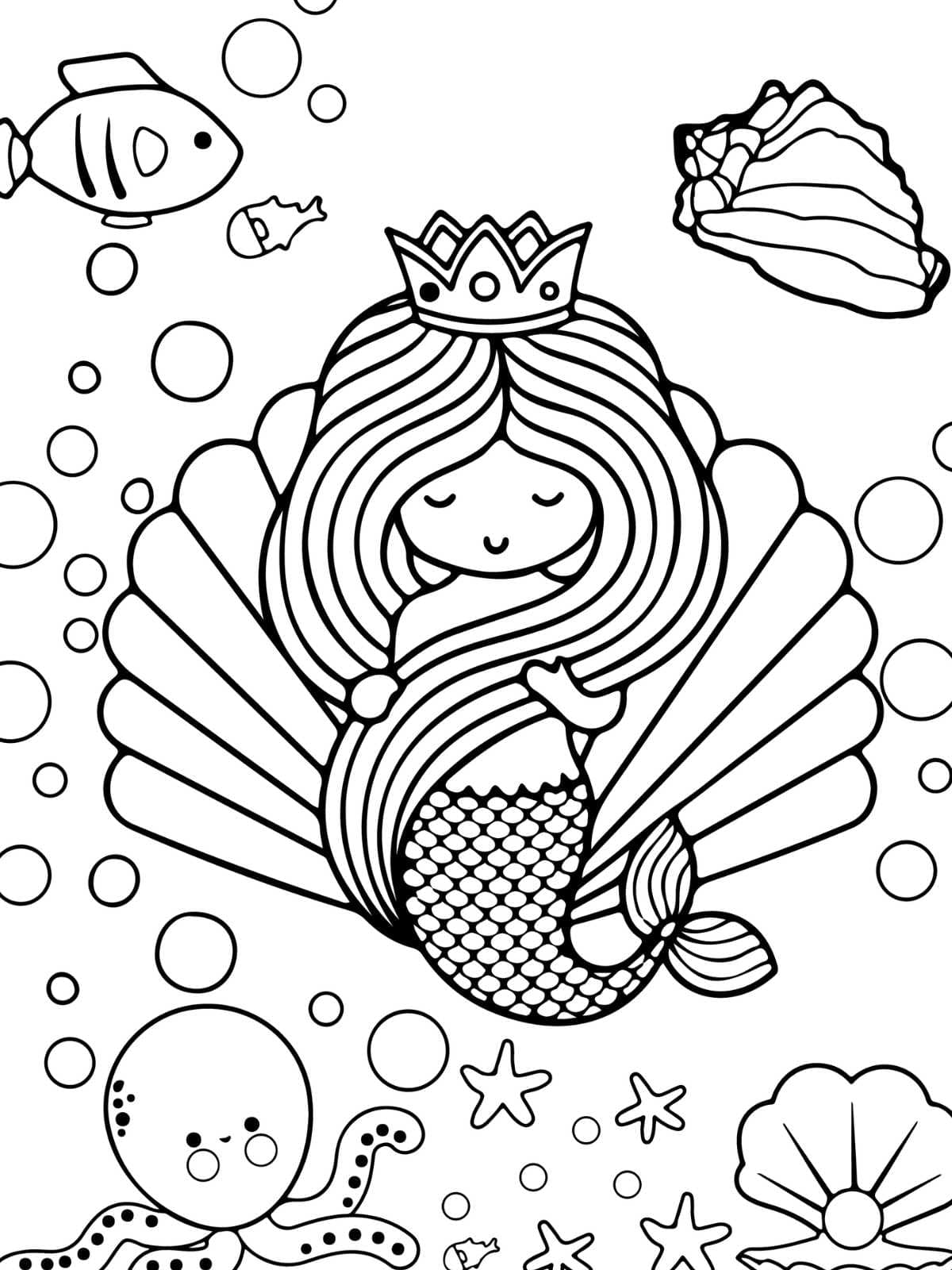 Mermaid With Sea Star Coloring Page