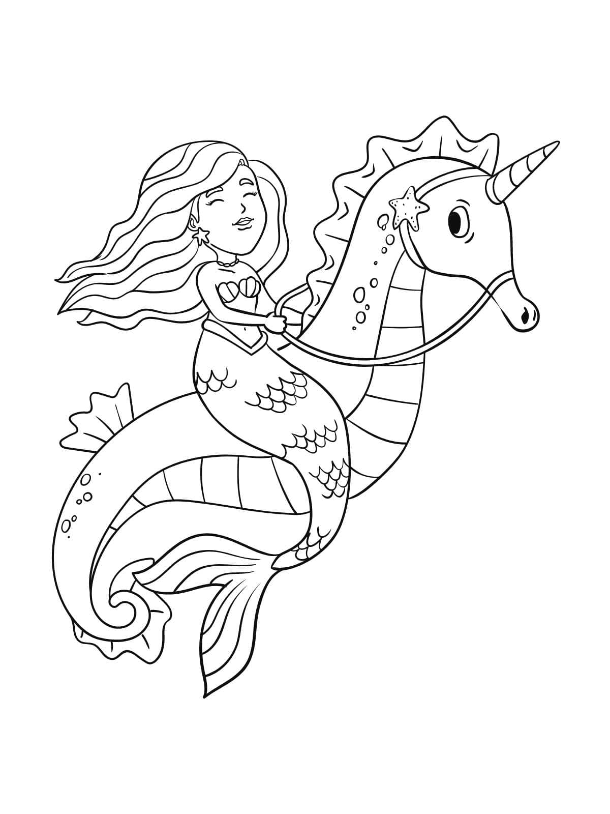 Mermaid With Seahorse Coloring Sheets