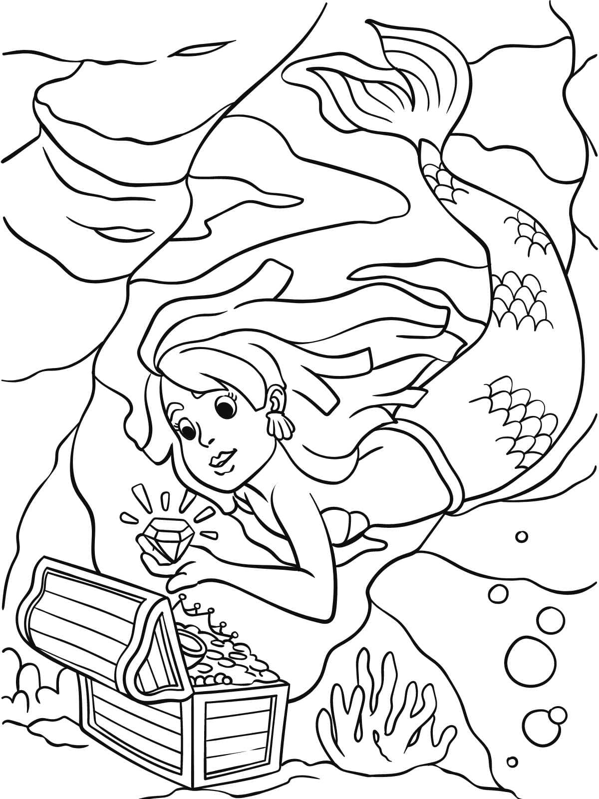 Mermaid With Treasure Coloring Page