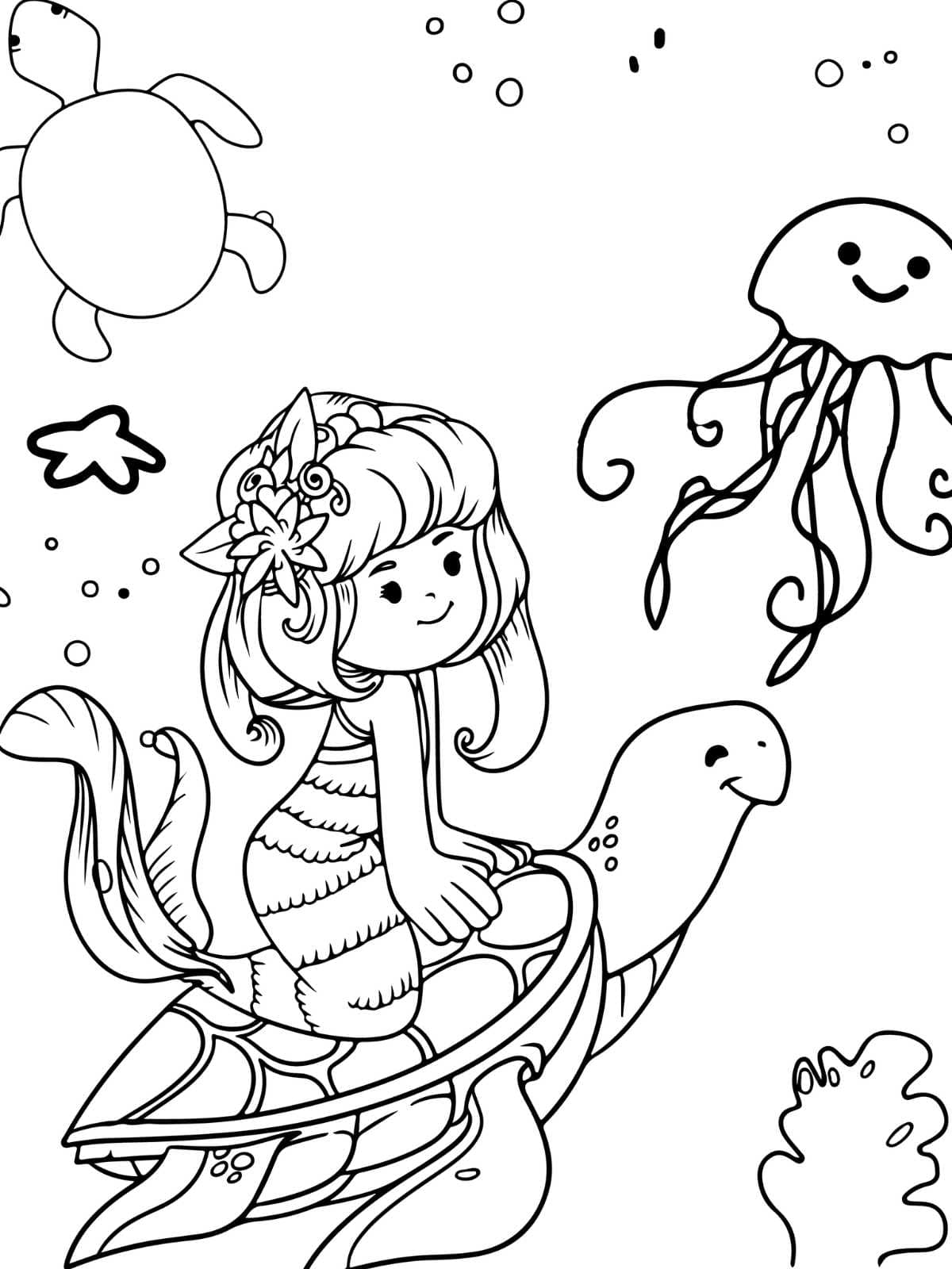 Mermaid With Turtle Coloring Page