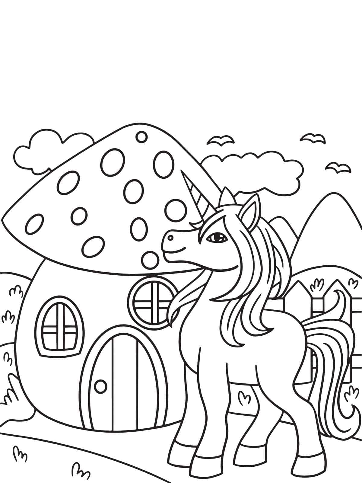 Mushroom House With Unicorn Coloring Pages For Kids