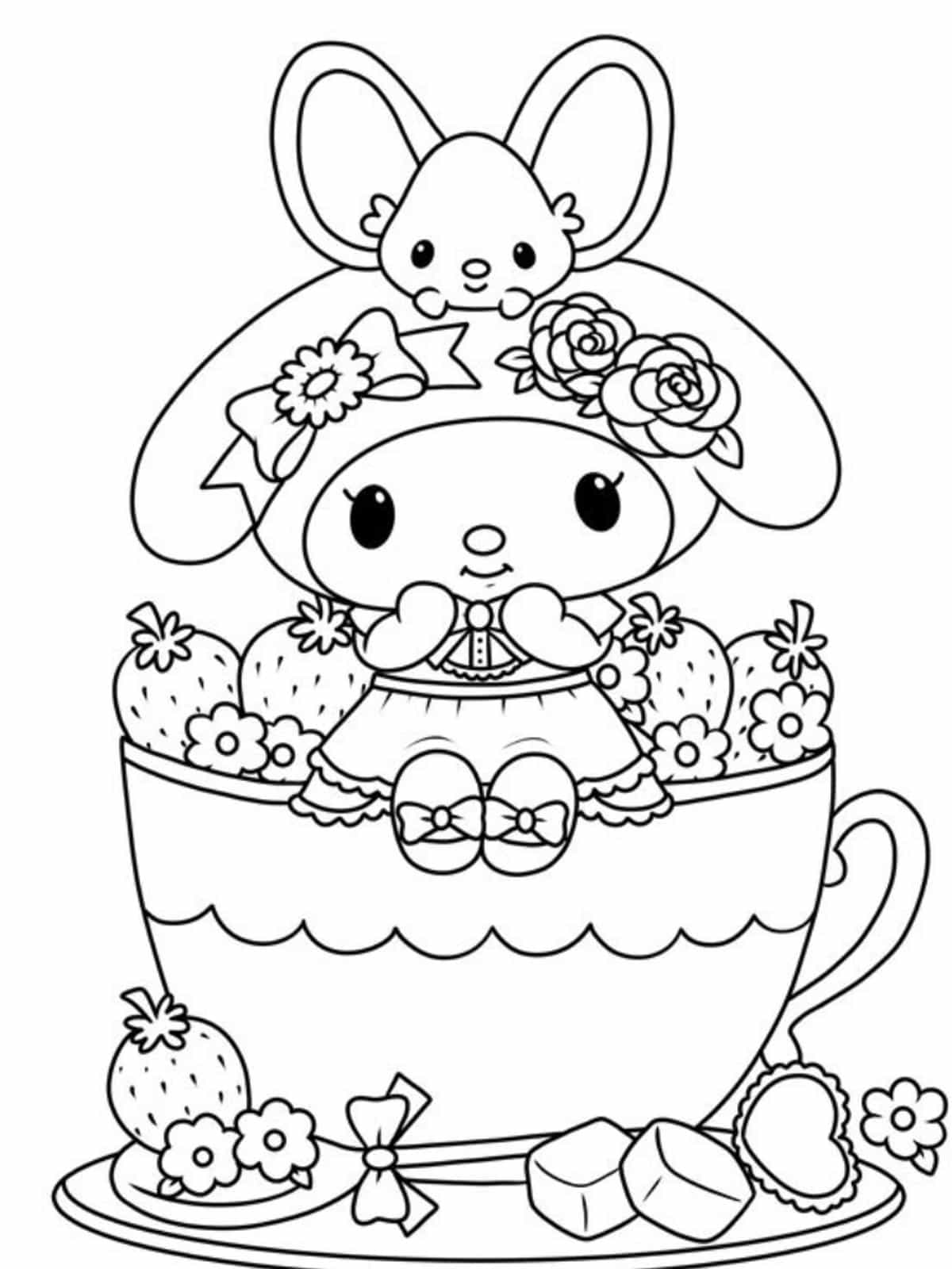 My Melody In A Cup With Strawberries Coloring Pages