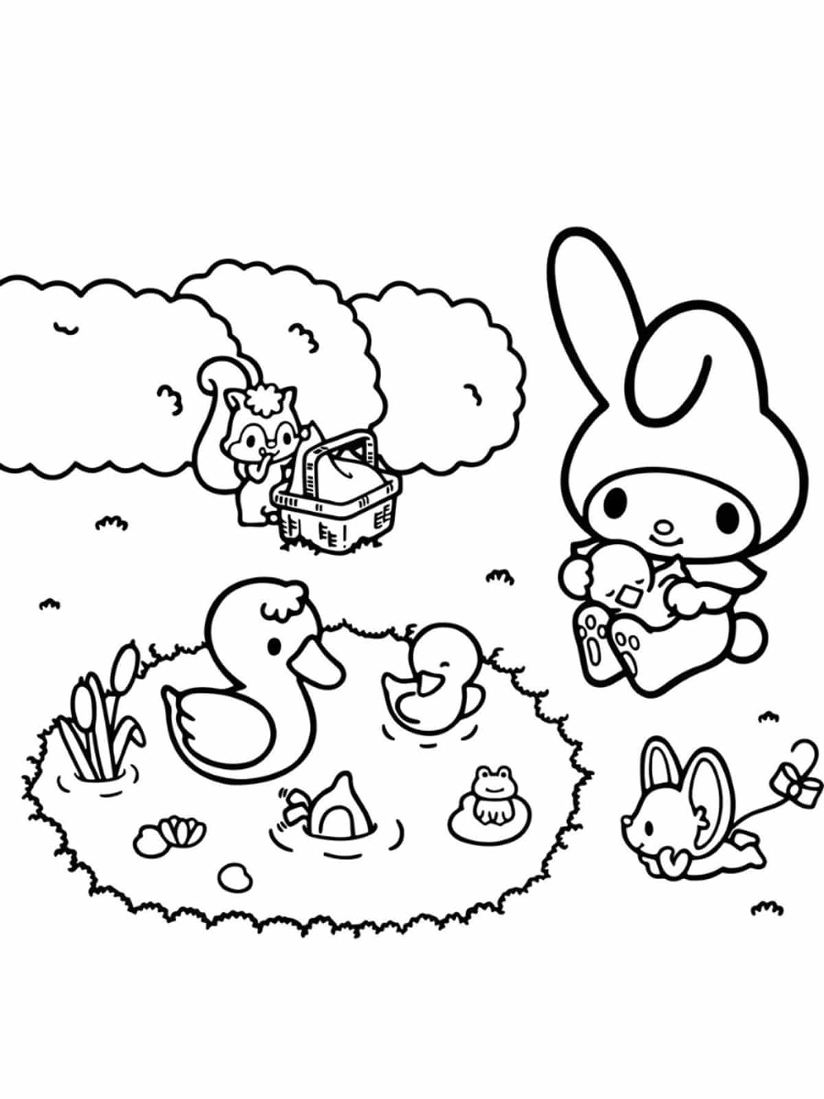 My Melody Plays With The Ducks Coloring Pages