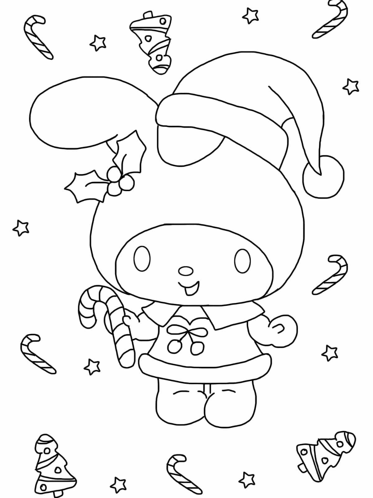 My Melody With Candy Cane Christmas Coloring Pages