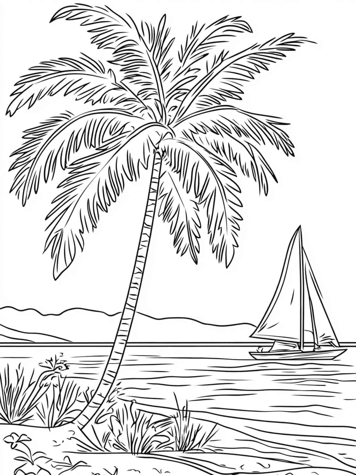 Palm Tree And A Sailboat In The Background Coloring Pages