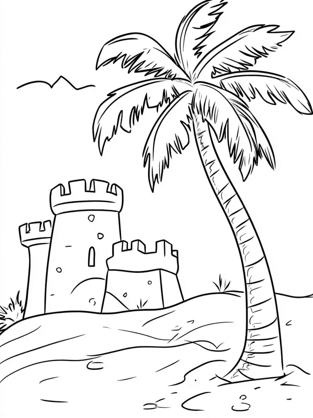 Palm Tree And A Sandcastle Coloring Page