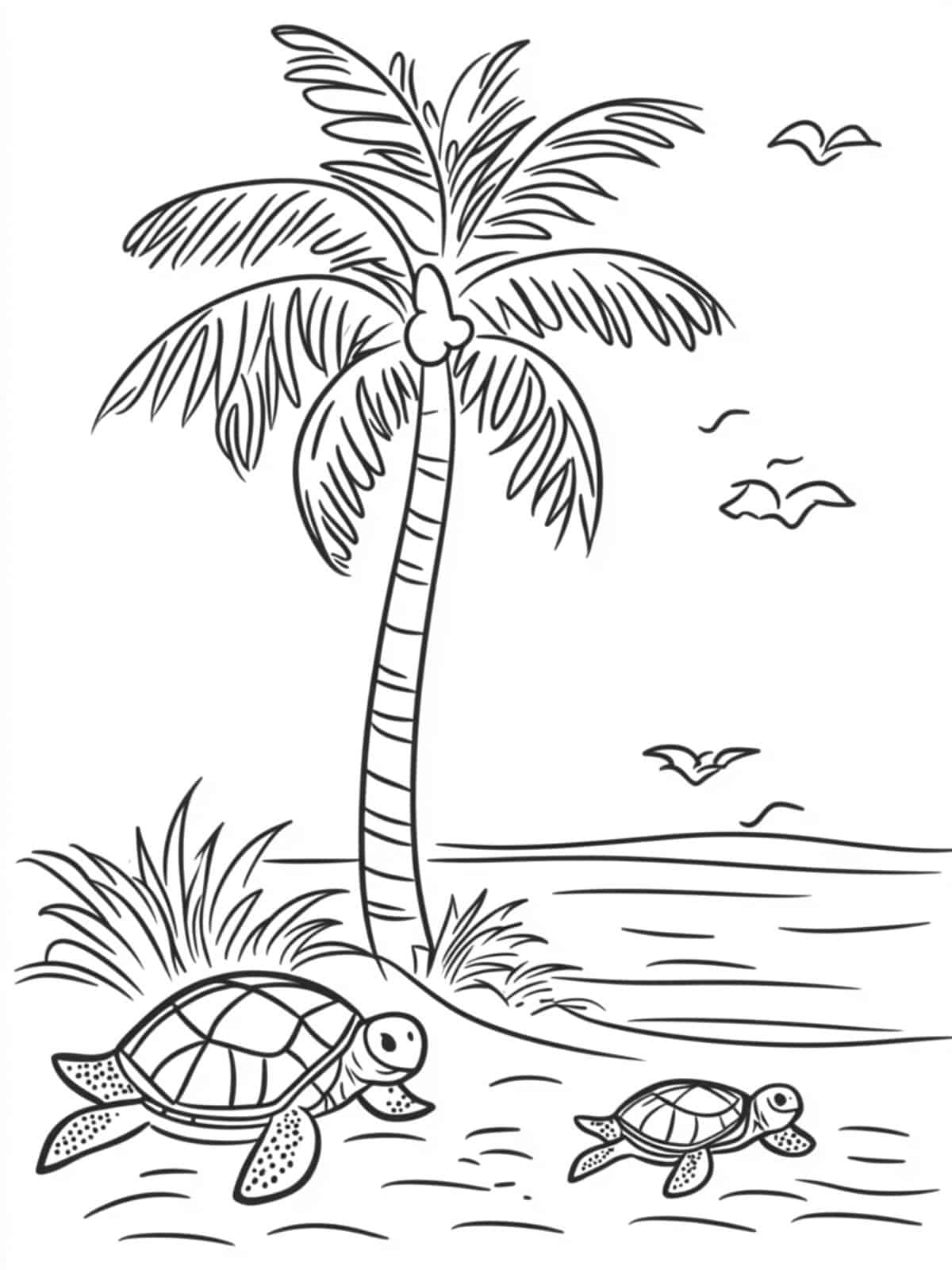 Palm Tree And Sea Turtles On The Shore Coloring Pages