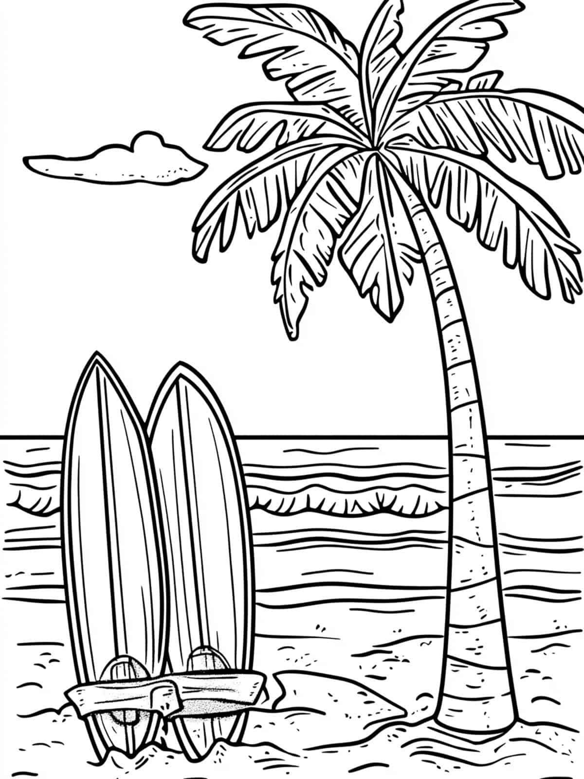 Palm Tree And Surfboards On The Beach Coloring Page