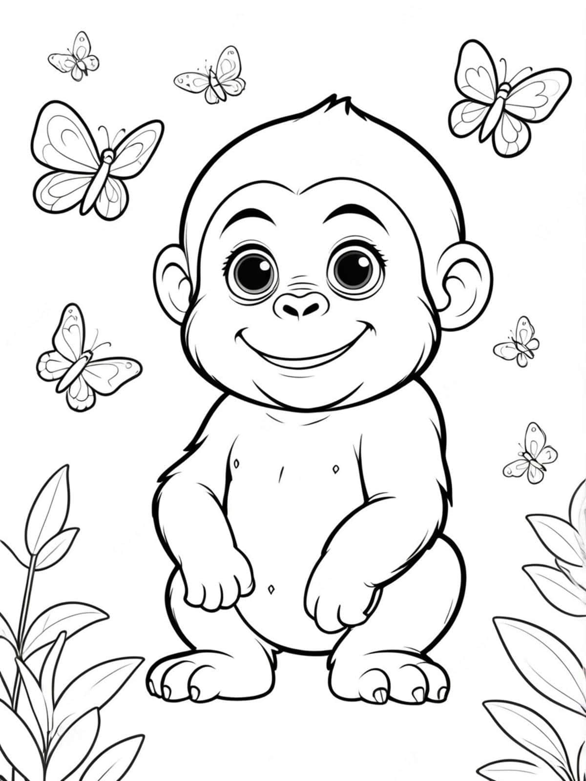 Playful Baby Gorilla With Butterflies Or Birds Coloring Pages