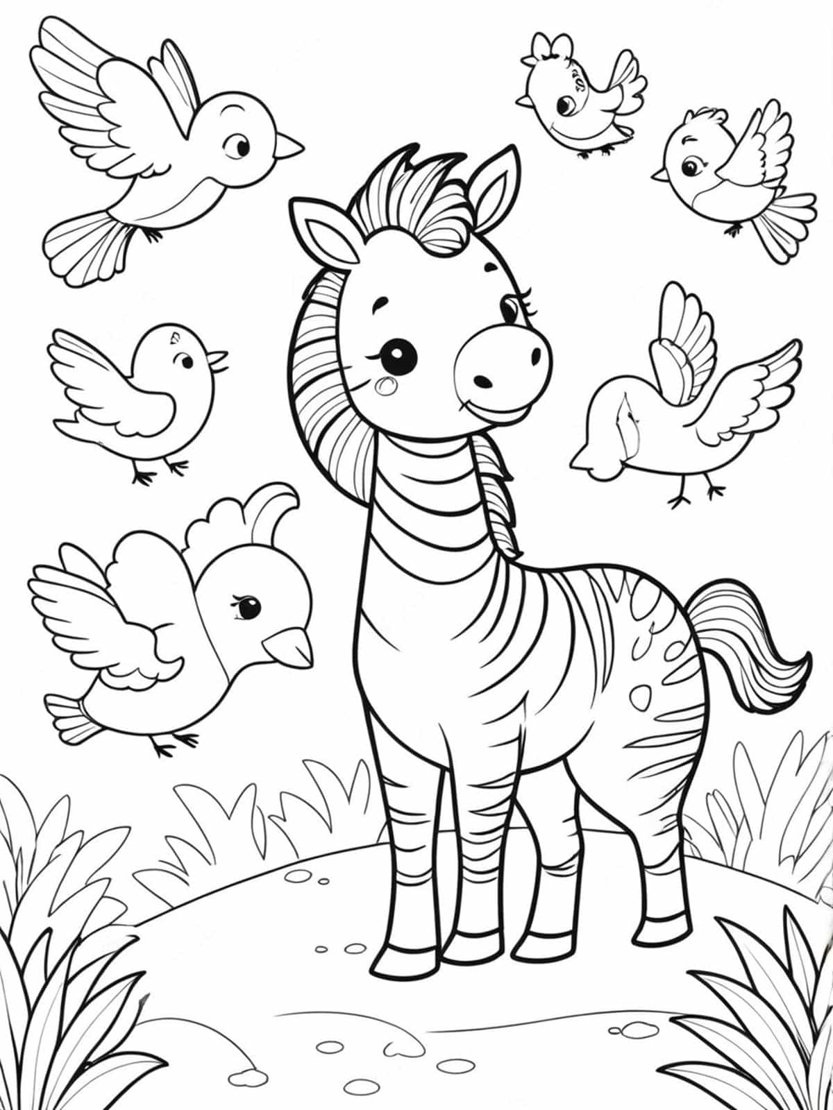 Playful Zebra Interacting With Birds Coloring Pages