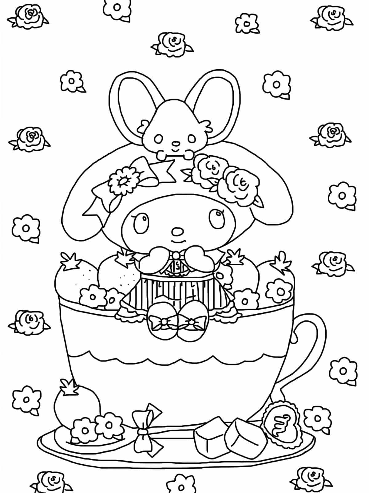 Printable My Melody With Flower Coloring Pages