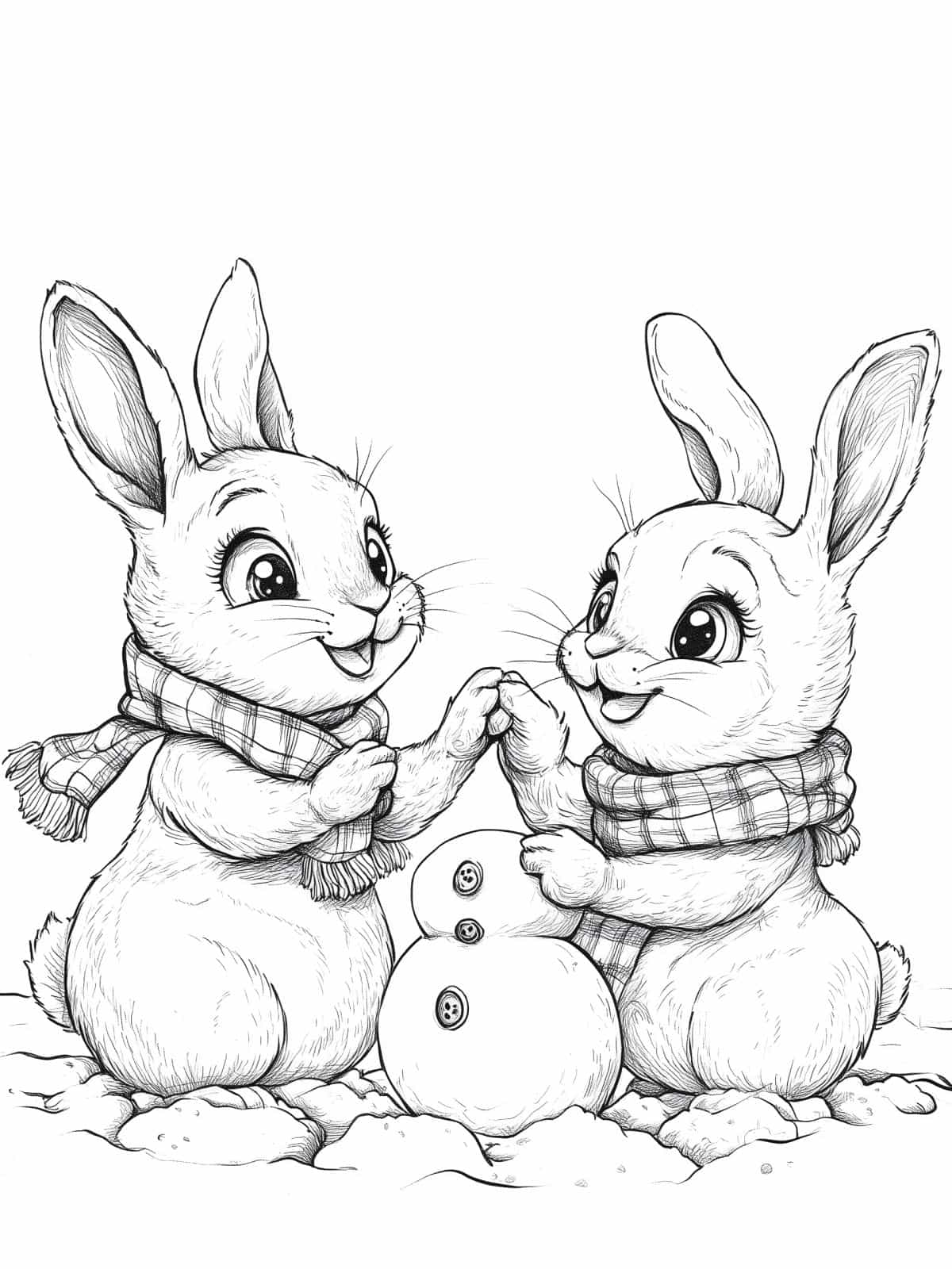 Rabbit Buiding Snowman Coloring Sheets