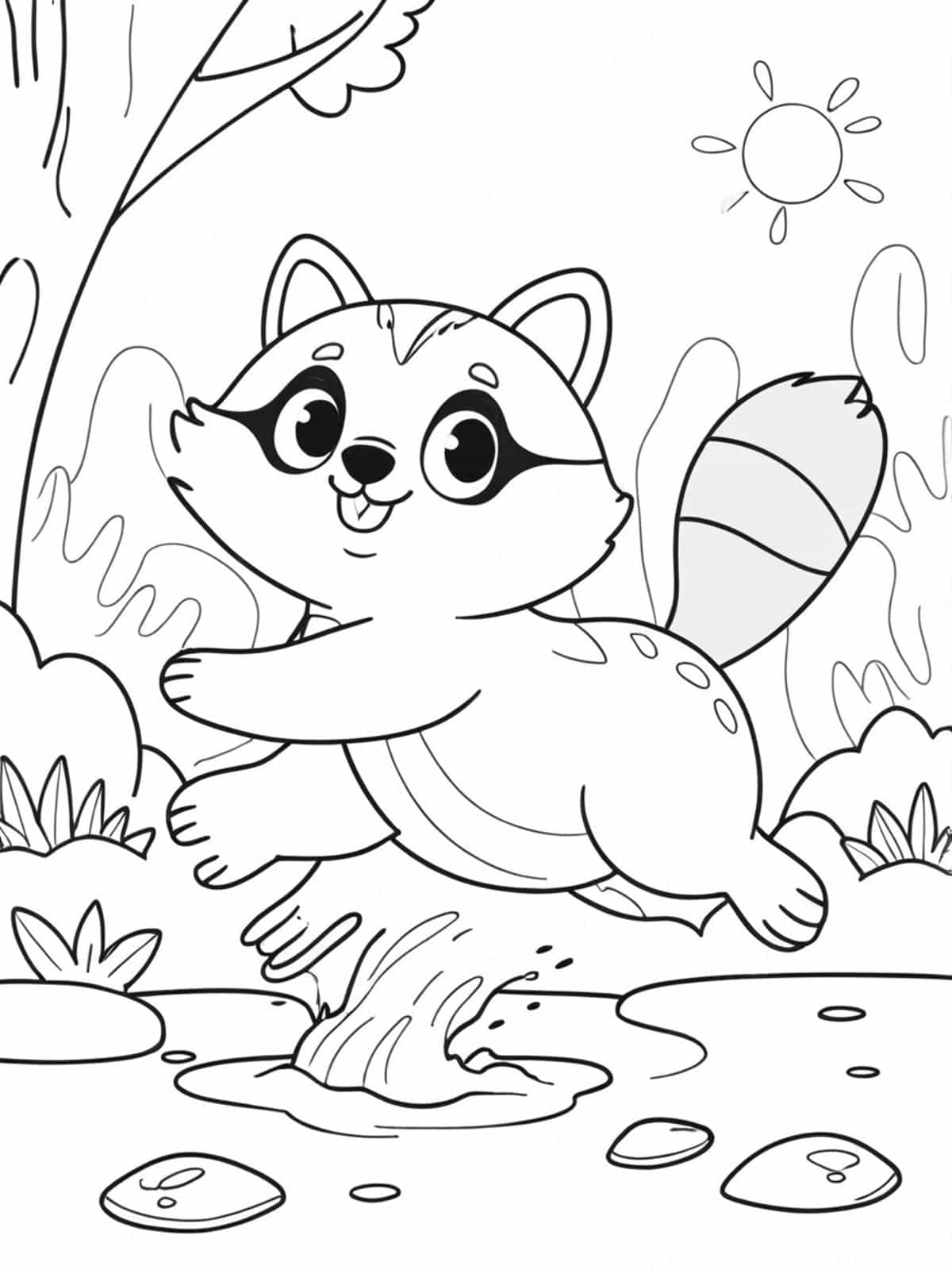 Raccoon Jumping Over A Stream Coloring Pages