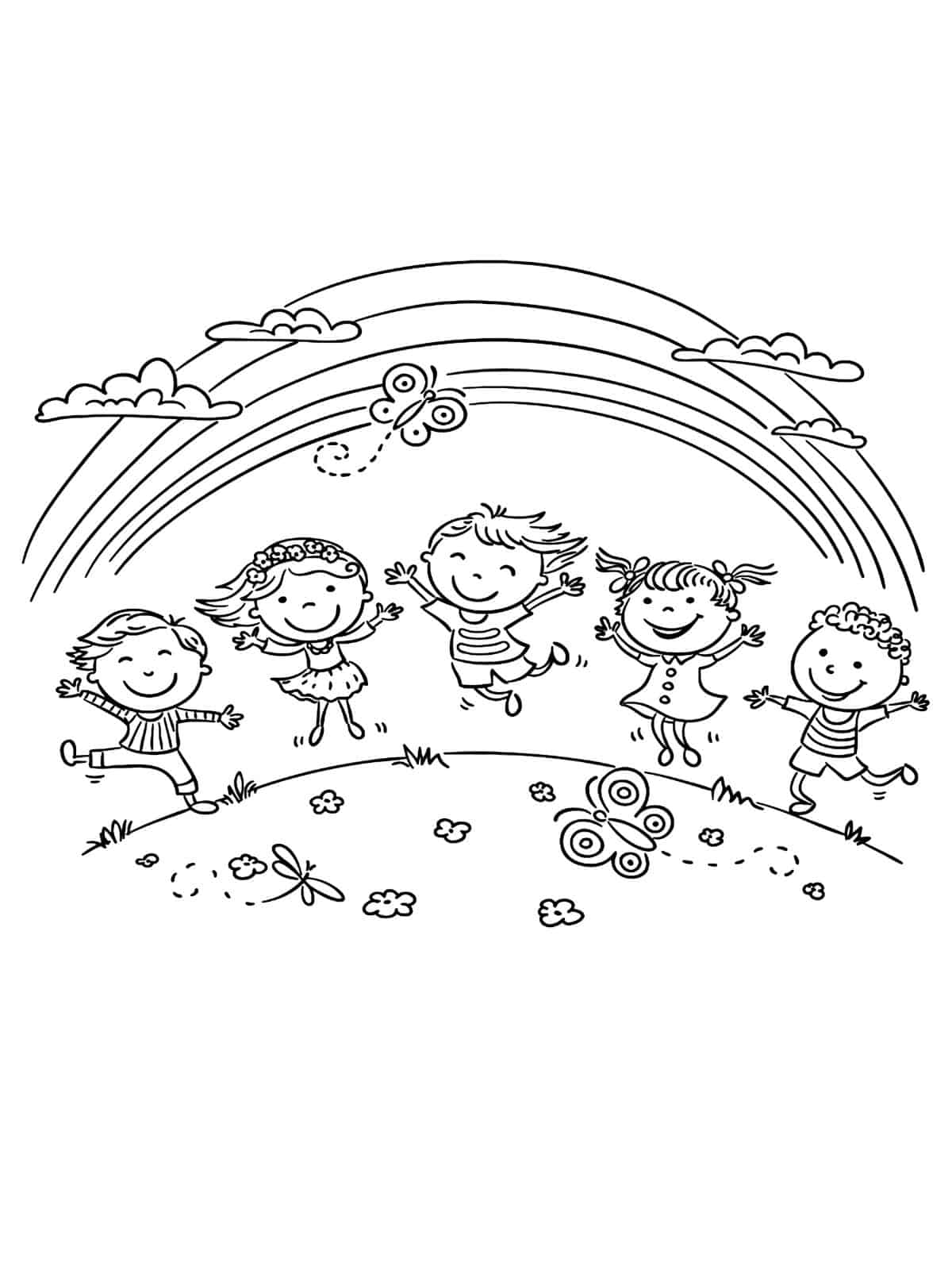 Rainbow Color Kids Playing Coloring Pages