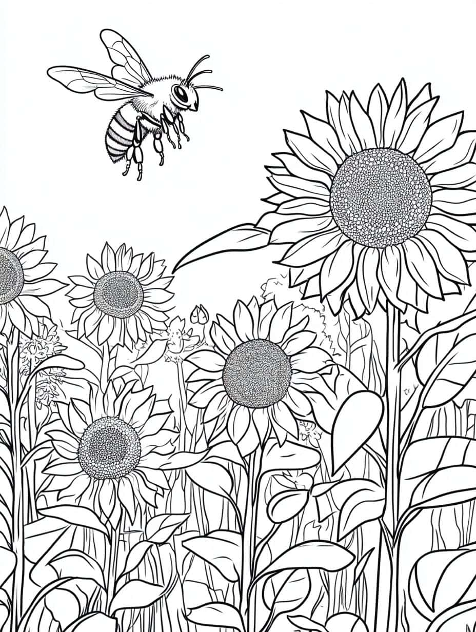 Realistic Bee And Sunflowers Coloring Pages