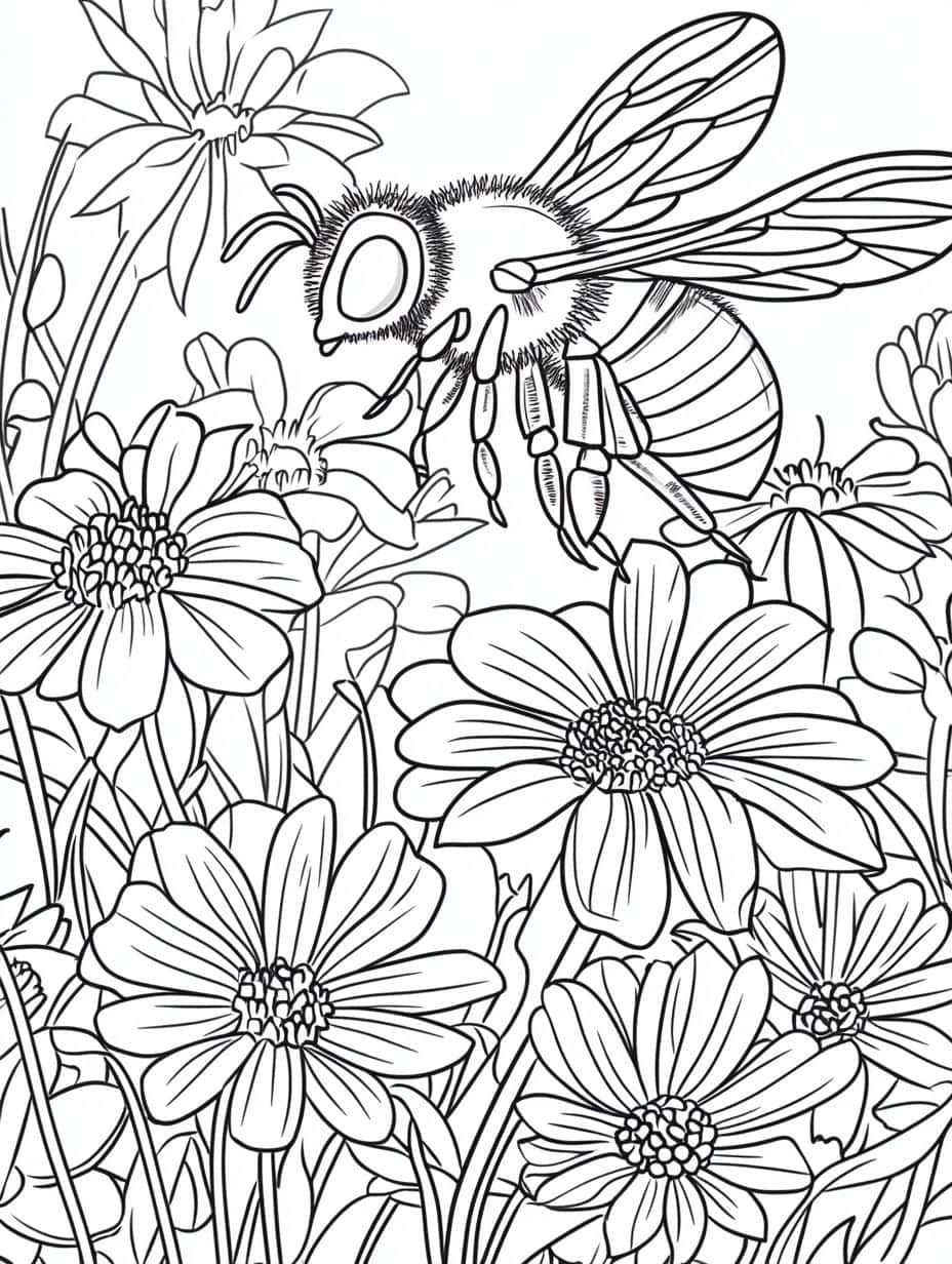 Realistic Bee Collecting Nectar From Flowers Coloring Pages