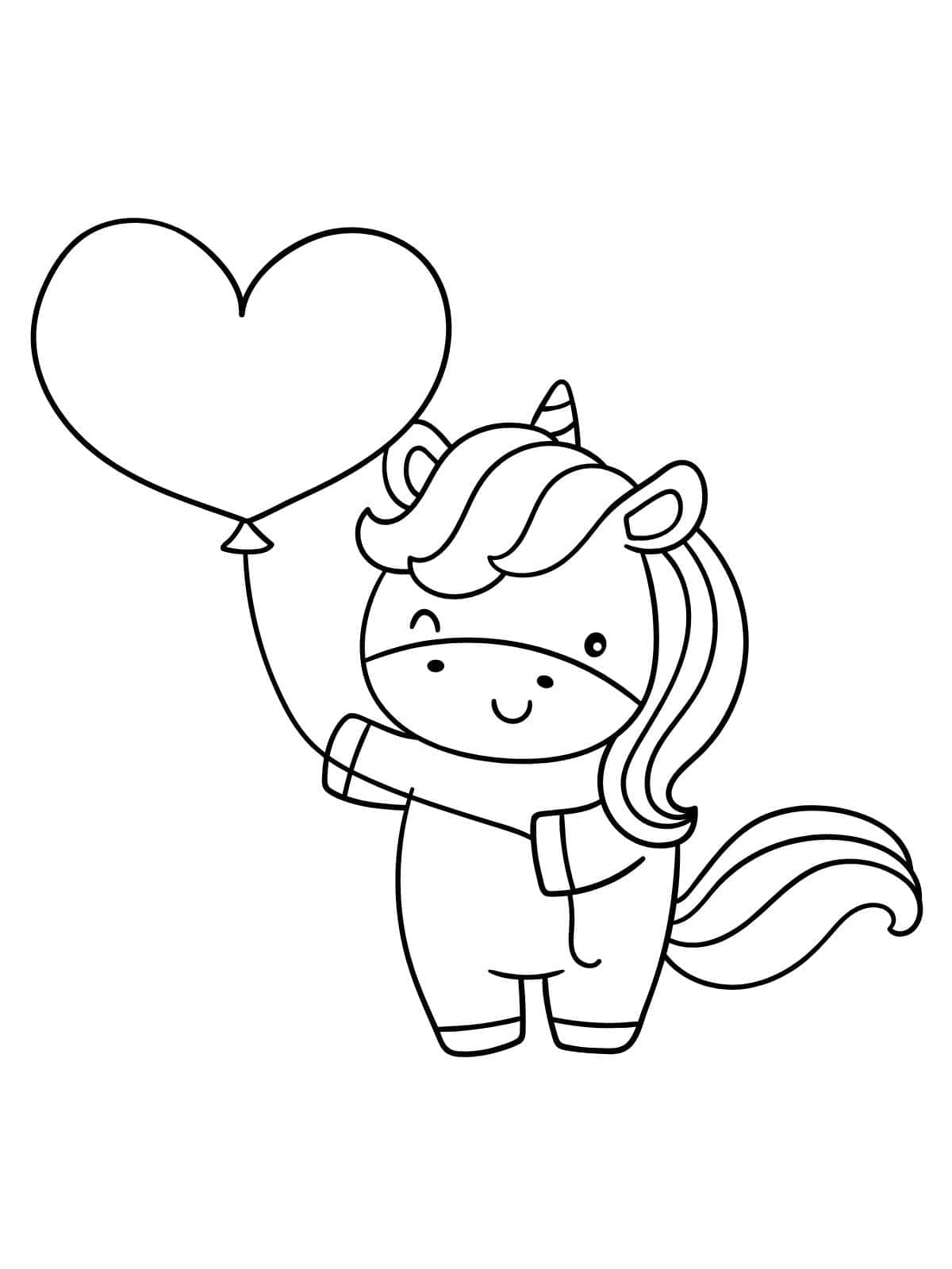 Simple Unicorn With Heart Balloon Coloring Pages For Kids