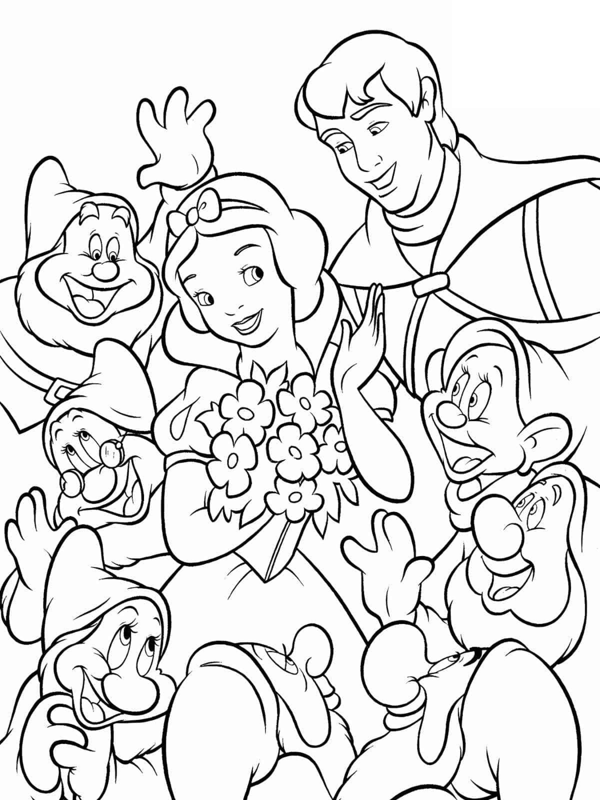 Snow White And Seven Dwarfs And Prince Coloring Page