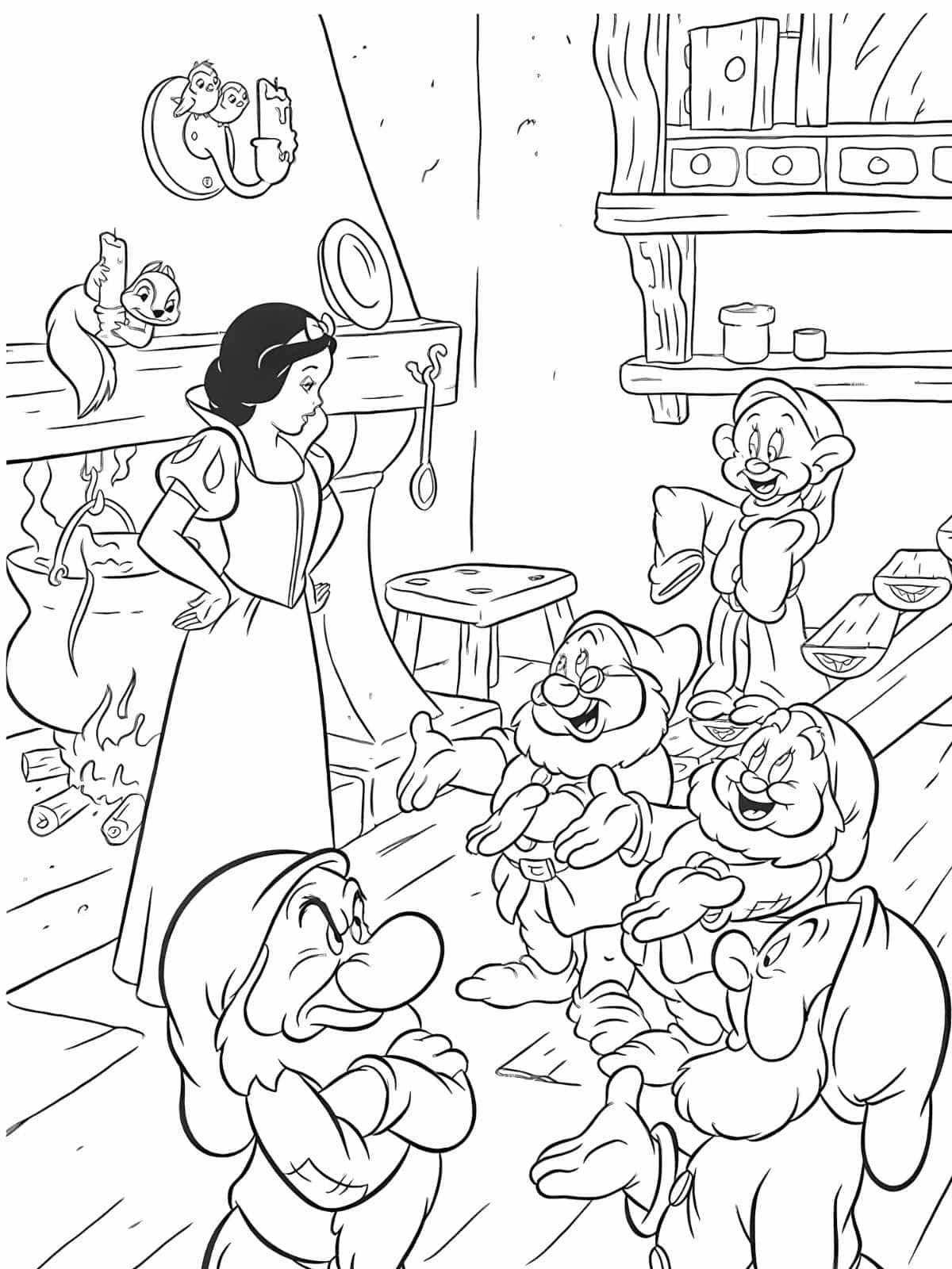 Snow White Meeting Dwarfs Coloring Page