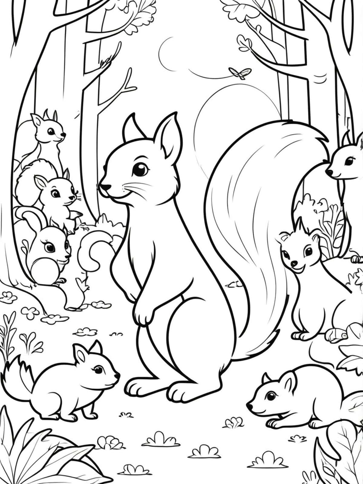 Squirrel And Its Woodland Friends Deer Foxes Coloring Pages