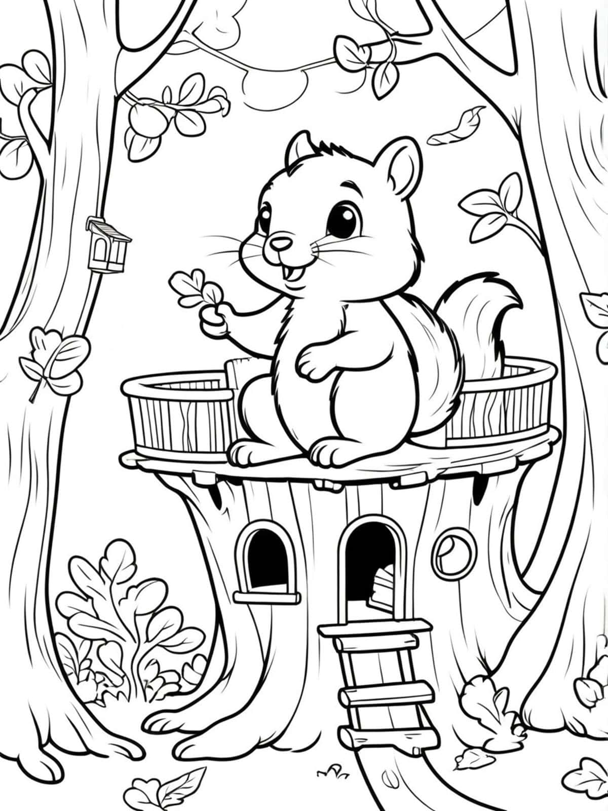 Squirrel In A Cozy Treehouse Coloring Pages