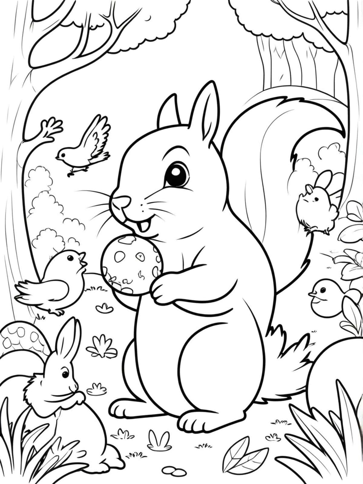 Squirrel Playing With Other Forest Animals Coloring Pages