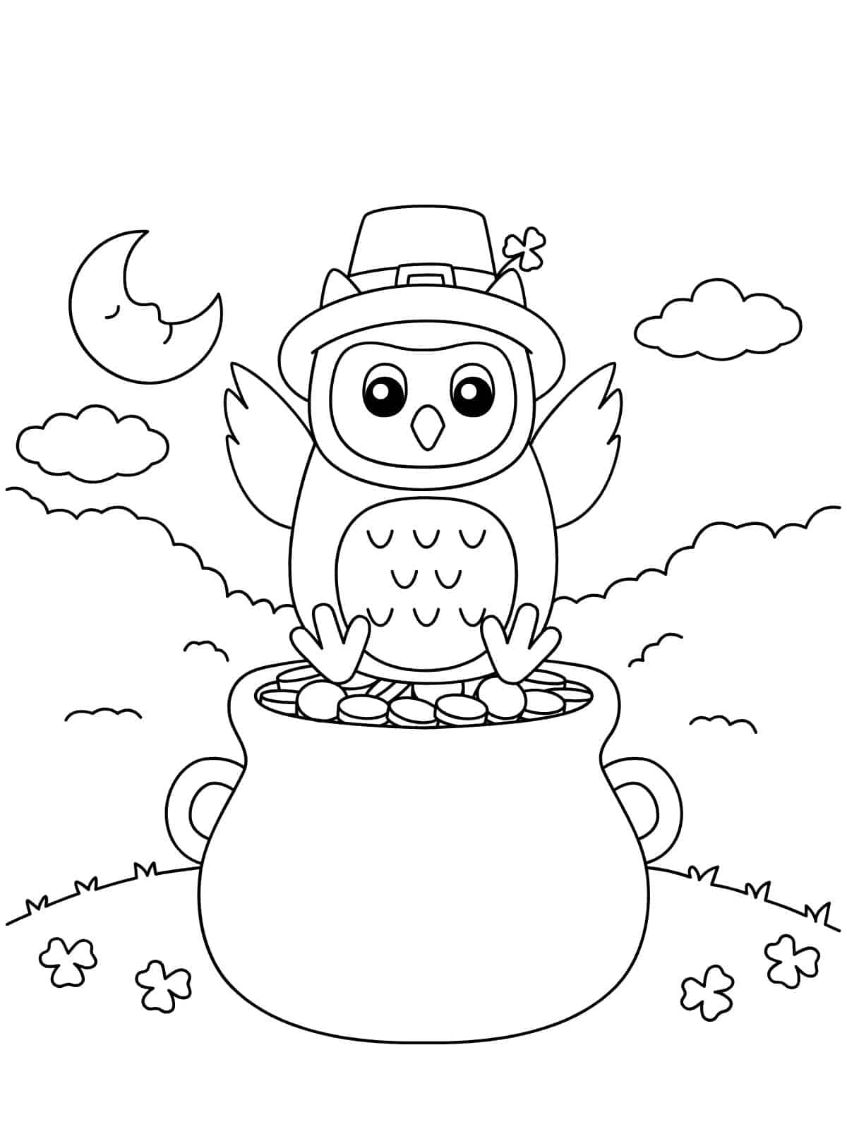 St Patricks Day Pot Of Gold With Owl Coloring Page