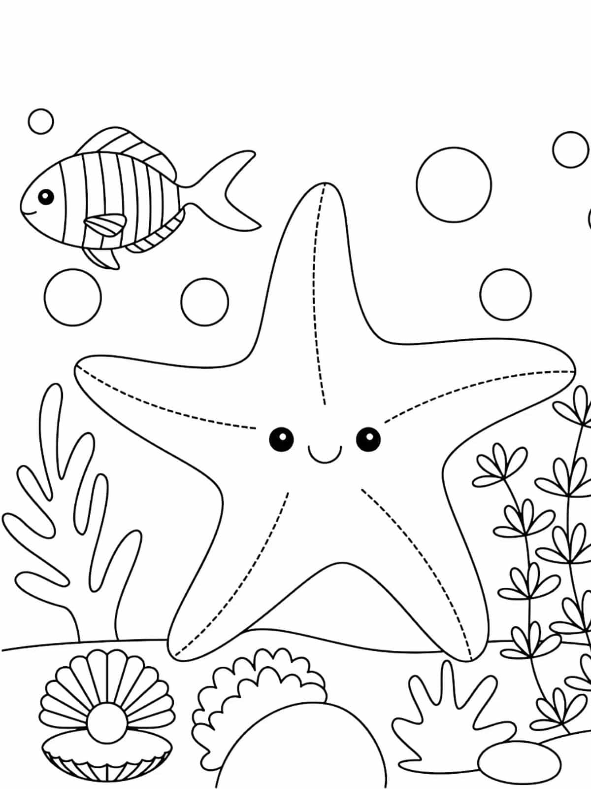 Starfish With Fish Coloring Page