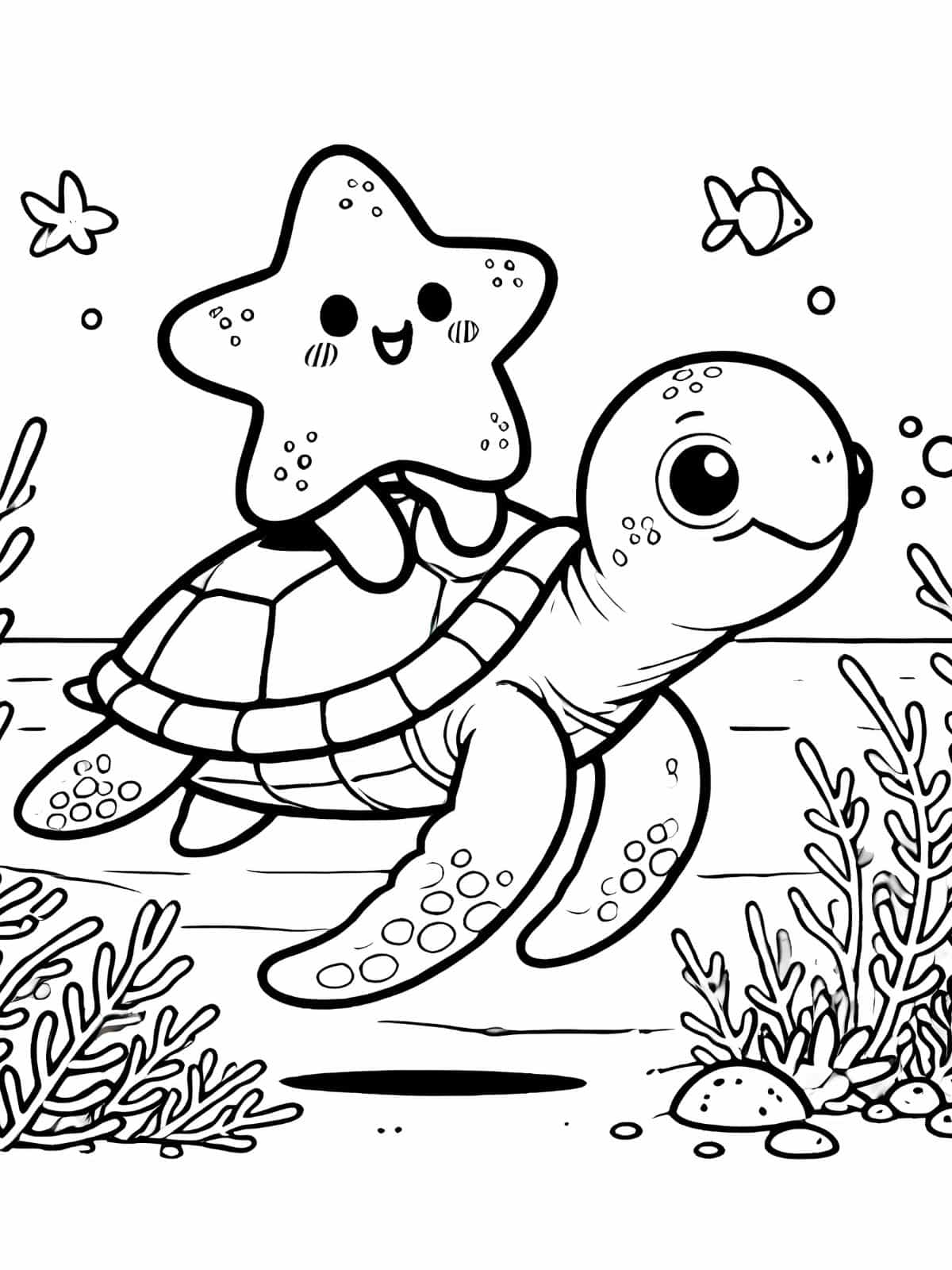 Starfish With Turtle Coloring Page